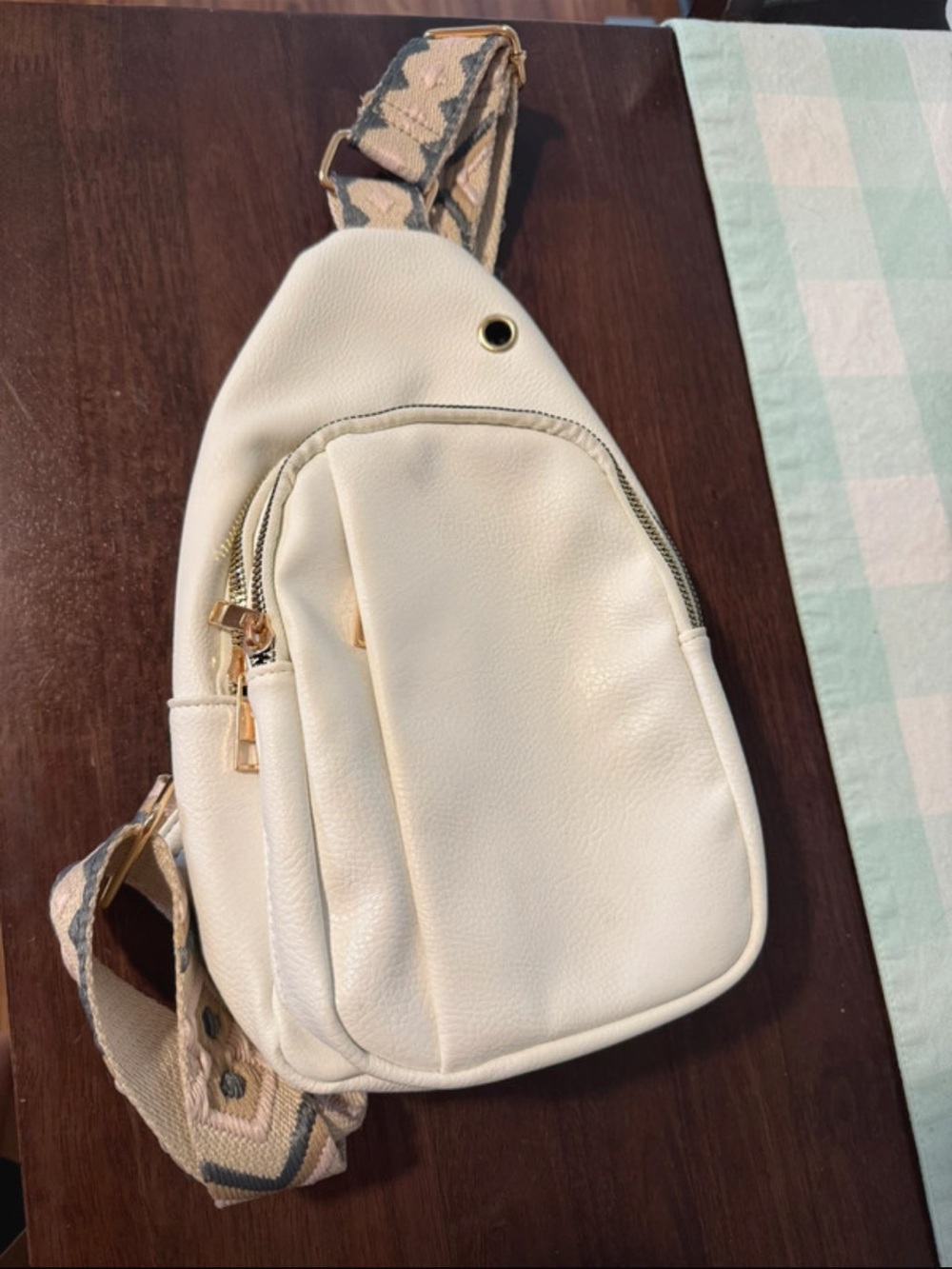 Cream Crossbody Sling Bag with Patterned Strap